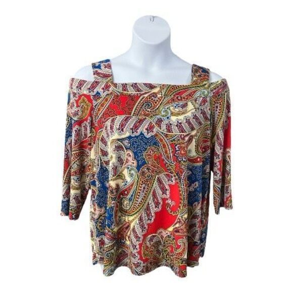 Chico’s Blue Multicolor Paisley Blouse Size 3 (XL/16) Cold-Shoulder Stretch - Picture 13 of 14